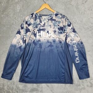 Huk Performance Fishing Shirt Mens XL Blue Camo Ombre Long Sleeve Mesh Graphic
